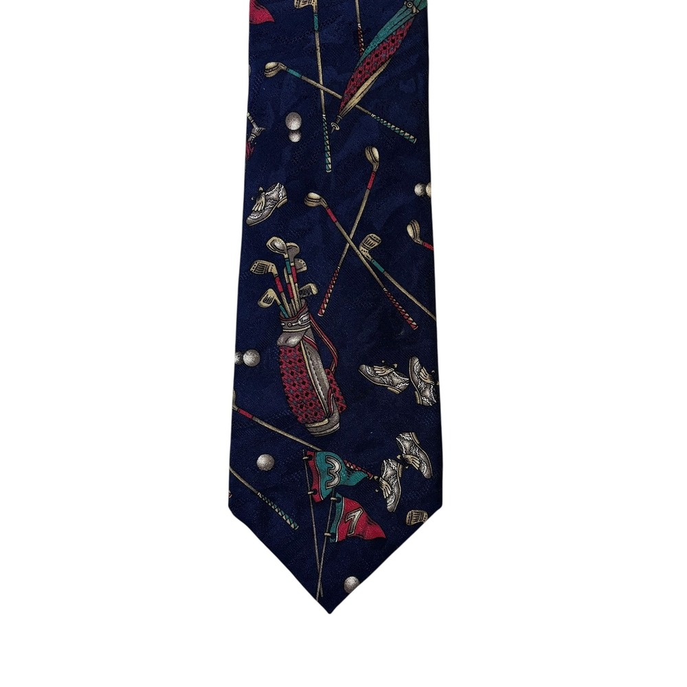 Spalding Mens Navy Blue 100% Silk Golf Theme Tie Made in USA VTG